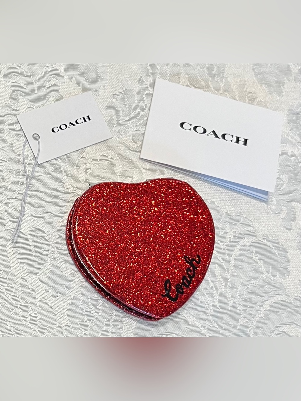 Coach Red Glitter Heart Compact Mirror with Script Logo